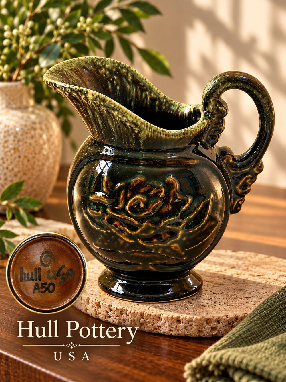 Vintage Hull Pottery USA A50 Pitcher Dark Green Brown Drip Glaze Floral 6.5"